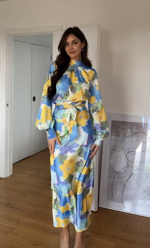 High Neck Maxi Dress With Belt in Blurred Floral