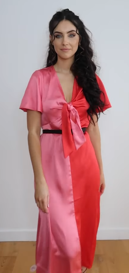 Style Cheat Contrast Tie Front Midi Dress In Pink And Red Colour Block