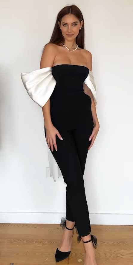 KAREN MILLEN STRUCTURED CREPE BARDOT STRUCTURED SATIN BOW BACK JUMPSUIT