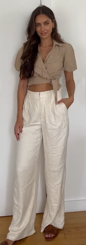 & Other Stories Crop Blouse With Puff Sleeves And Tie Side In Beige Linen