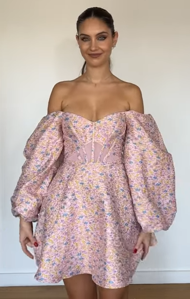 ASOS LUXE bardot puff sleeve mini skater dress in ditsy floral jacquard